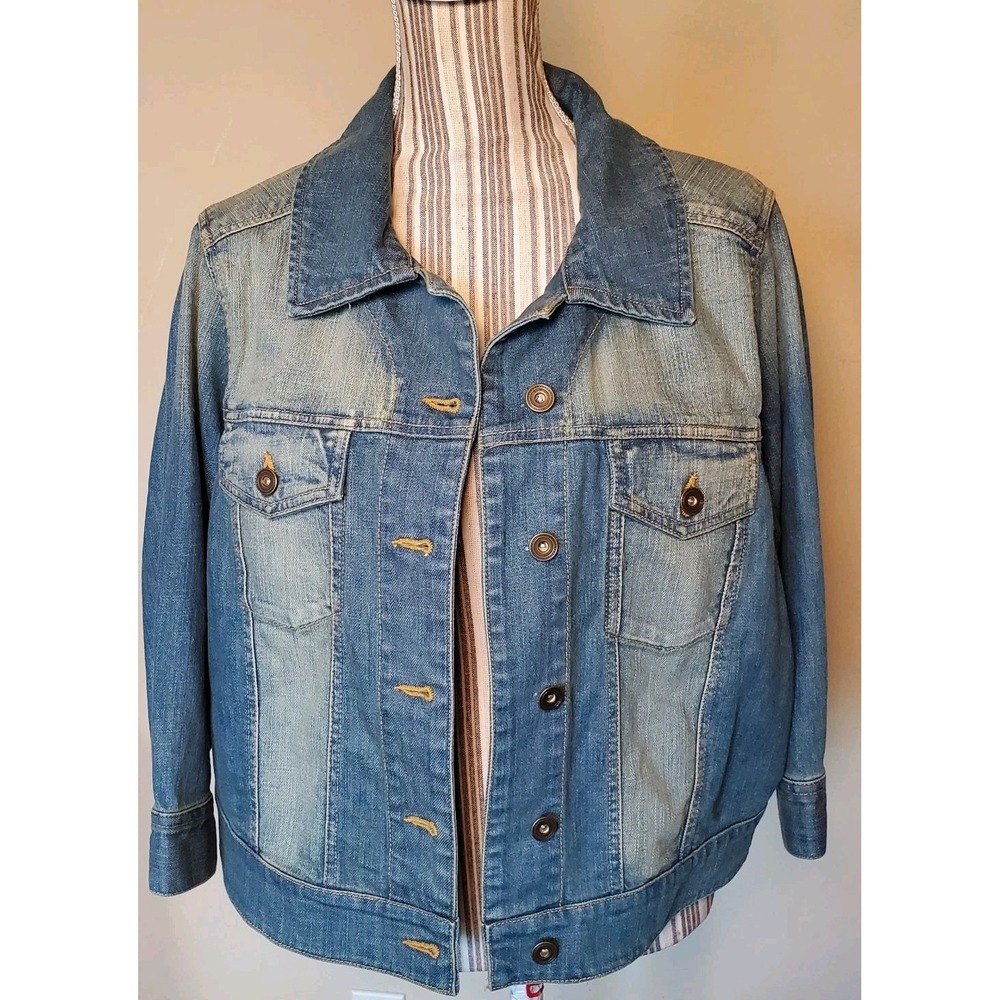 Signature by Robbie Bee Denim‎ Jacket 3/4 Sleeves Distressed Faded Look Sz XL